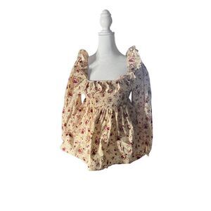 Hyacinth House Women's Cream & Red Floral Squareneck Smocked Blouse Size XS NWT